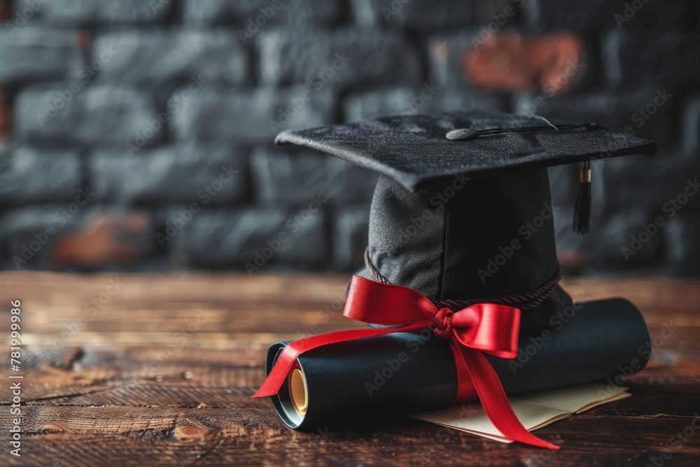 Εκτύπωση καμβά A black graduation cap rests atop a rolled diploma tied with a vibrant red ribbo