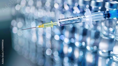 A close-up of a medical syringe being filled with medication. photo