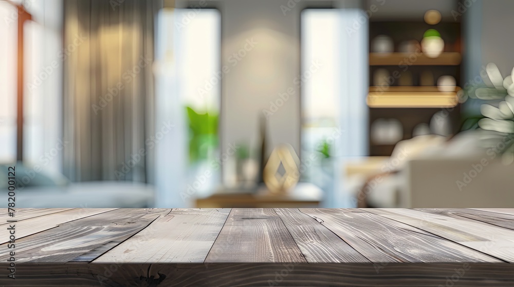 Empty table with abstract blurred background blur living room. for product display Empty table with abstract blurred background blur living room. for product display