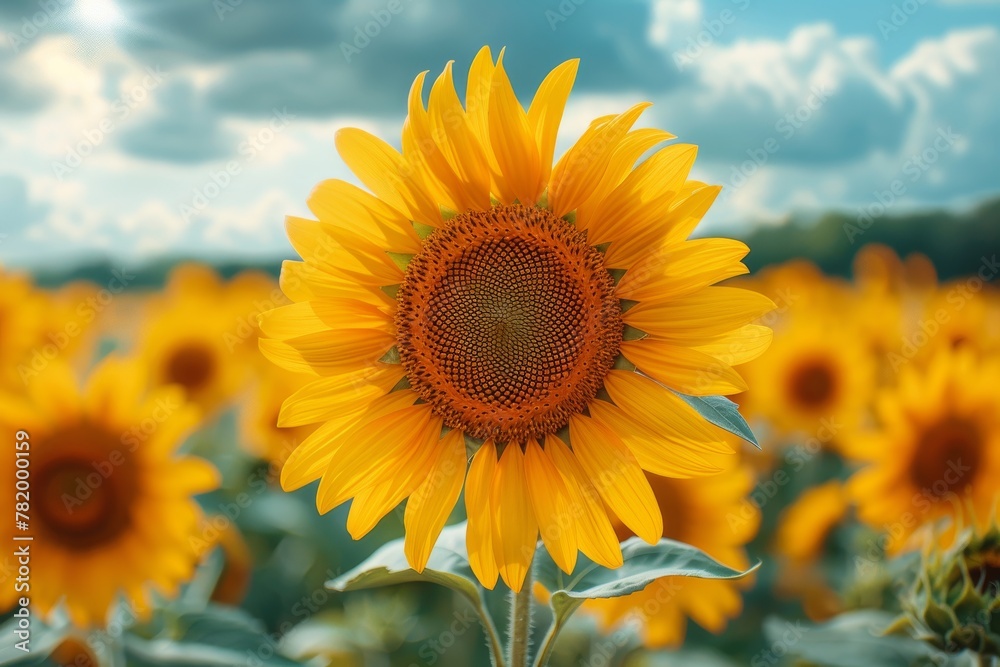 Single sunflower reaching up to the blue sky among a field of sunflowers, symbolizing positivity and brightness