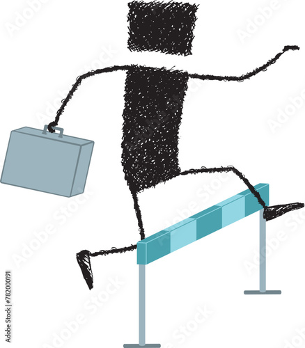 Jumping obstacles, stick figure. A businessman jumping a hurdle.