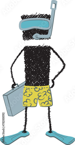 Working on vacation, stick figure. An executive with diving goggles and swimsuit holding a briefcase in hand.