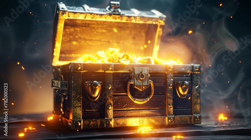 Mystical Treasure Chest with Golden Glow, A mystical chest brimming with gold coins emits a captivating glow, set in a dimly lit room filled with chains and cauldrons, hinting at magical tales