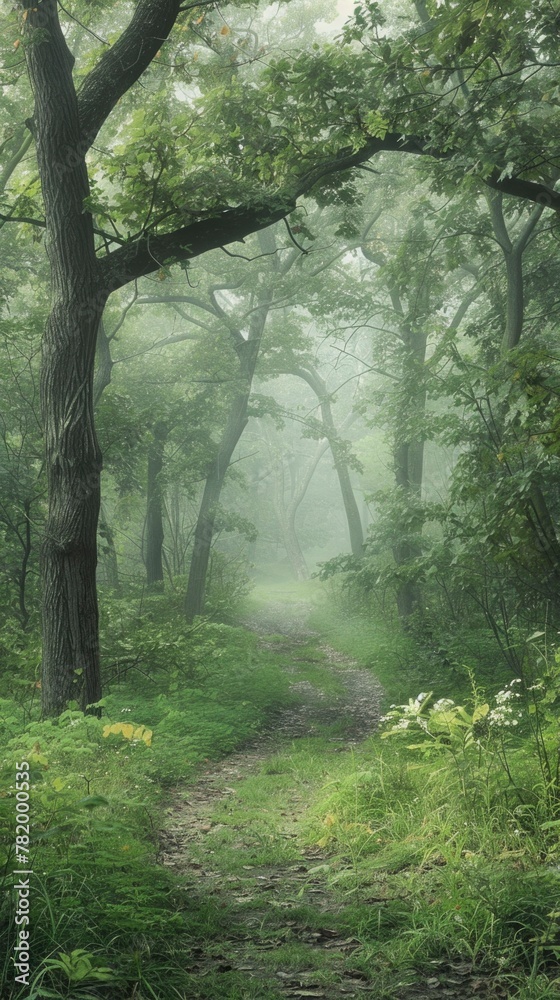 Obraz premium Serene Misty Forest Path in Lush Green Woodland