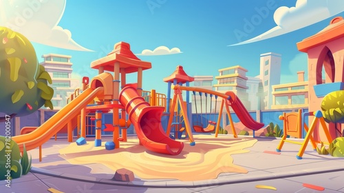 The playground is empty with slides, sandboxes, and swings for children to play and have fun. It is located in a park, a garden, or a backyards of a house. Cartoon illustration.