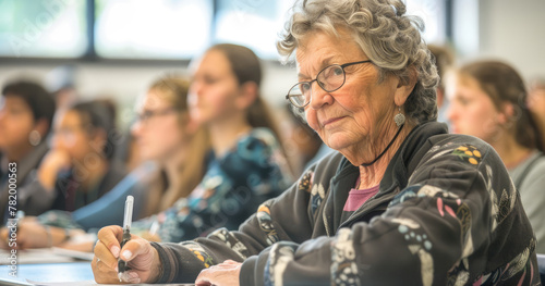 A photo of an older woman in casual sitting at her desk, teaching students in the background who have their own desks and notes in front of them photo