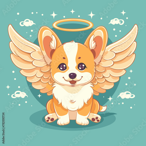 Cute card in kawaii style. Little corgi puppy with angel wings and halo. Happy dog with nimbus