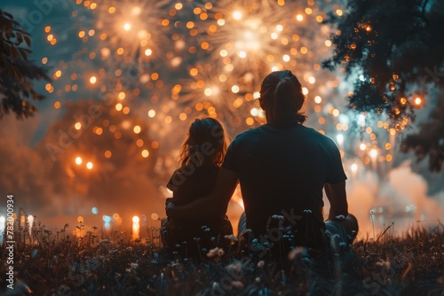 Silhouette of a young couple sitting and enjoying a spectacular fireworks display in a night sky