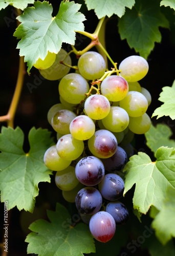 AI generated photo of a cluster of grapes nestled in green leaves
