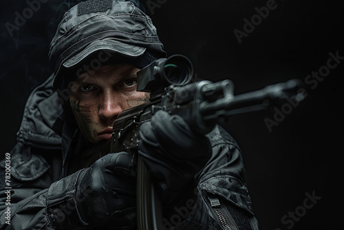 caucasian man, special forces soldier, armed man in black gear holding an assault rifle