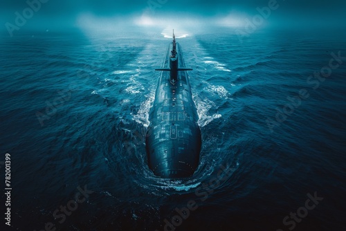 A large, powerful submarine cuts through foggy waters, hinting at a secretive and strategic naval operation photo