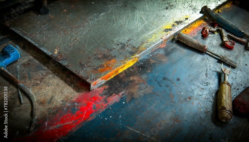 Close-up of a scratched steel surface in an industrial workshop, with visible marks from heavy machinery and tools, highlighting the rugged use and durability of the material.