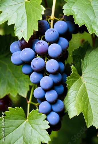 AI generated photo of a cluster of grapes nestled in green leaves
