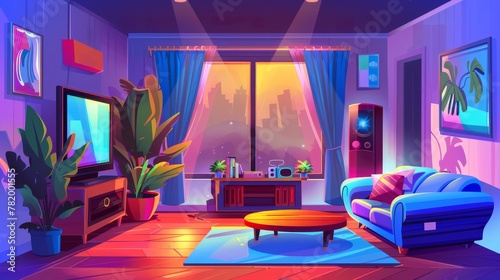 A living room interior with sofa  TV  and a play console with joystick  potted plants. Modern cartoon illustration of a lounge with coffee table  wooden floor  and lamp. Large windows with sunlight.