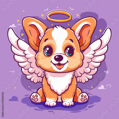 Cute card in kawaii style. Little corgi puppy with angel wings and halo. Happy dog with nimbus