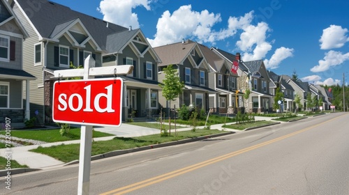 An exterior shot of a suburban street lined with newly constructed houses, each with a "sold" sign.