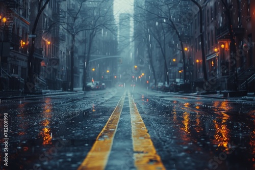 Shimmering reflections on the wet surface of an urban road during a rainy twilight