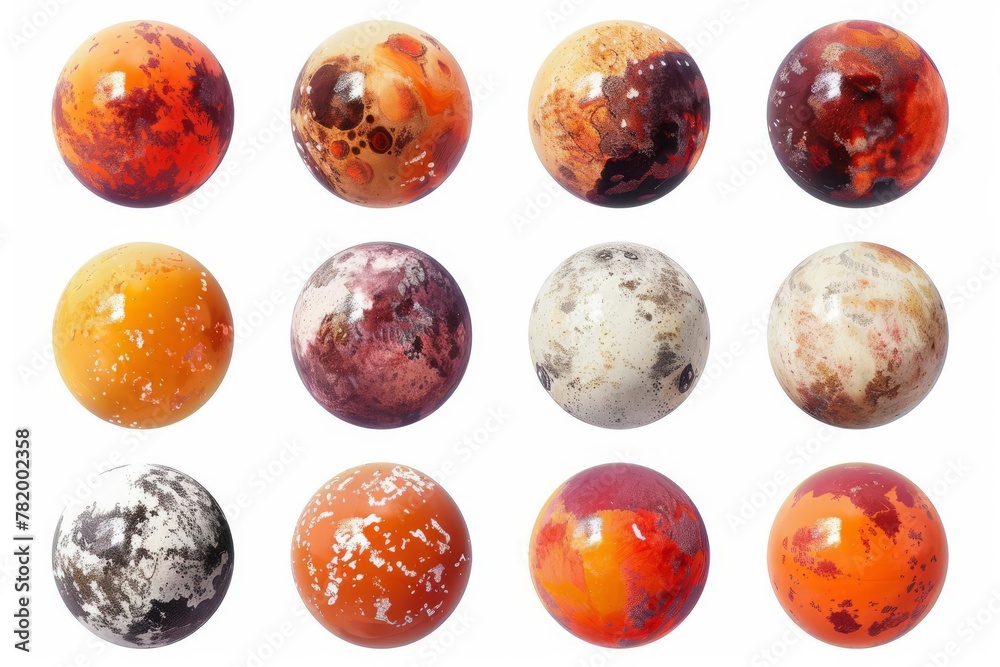 Set of hot lava planets or balls isolated on white background, abstract space objects