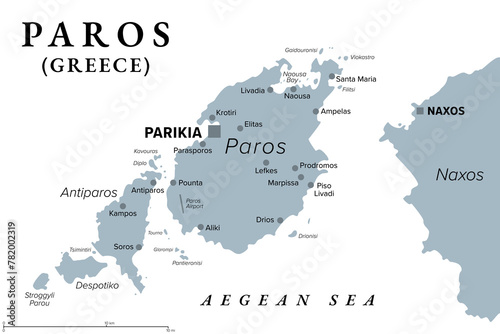 Paros, Greek island, gray political map. Island of Greece in the Aegean Sea, west of Naxos, and part of the Cyclades. With islands Antiparos, Despotiko and Stroggyli in the west. Illustration. Vector
