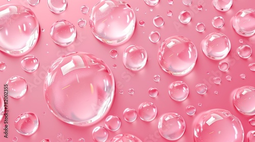 Water drops on pink background, skincare spill puddles, scattering aqua liquid splashes. Realistic modern illustration of skin care cosmetic moisture spots, collagen drops.