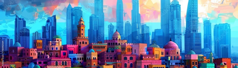 Dubai Skyline in Artistic Layers, The iconic Dubai skyline is re-imagined with vibrant colors and artistic flair, blending modern architectural marvels with the charm of traditional structures