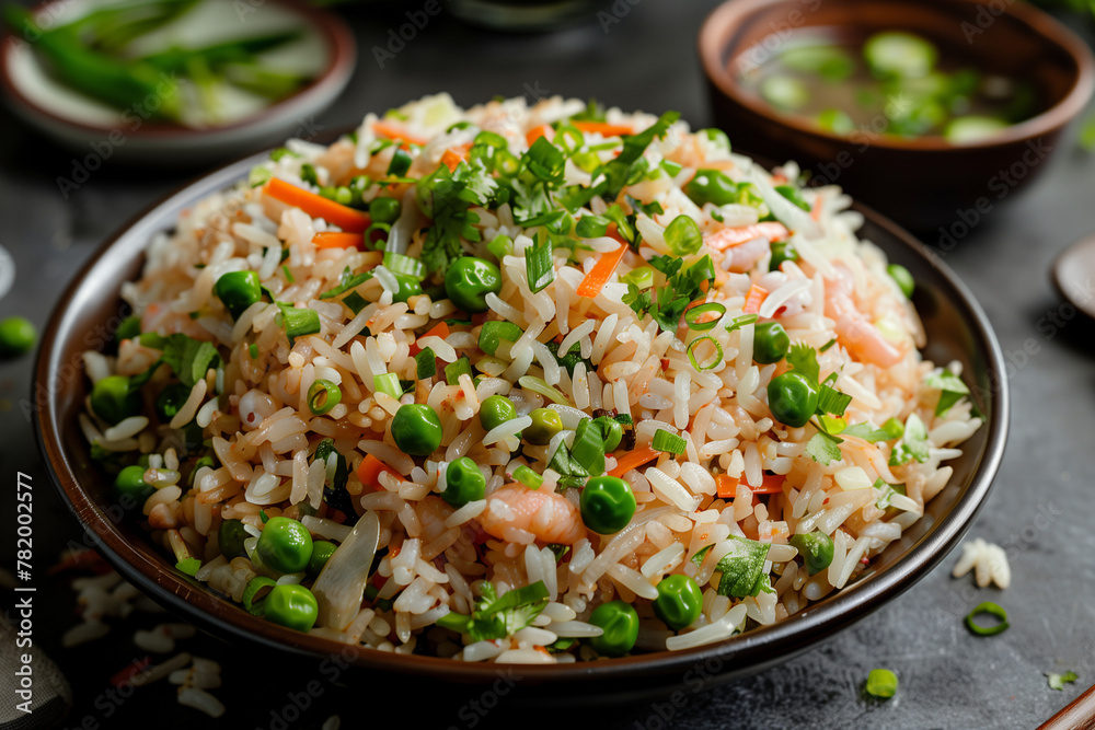 Mixed fried rice served on a plate including egg, chicken, beef and pork Mixed fried rice served on a plate including egg, chicken, beef and pork