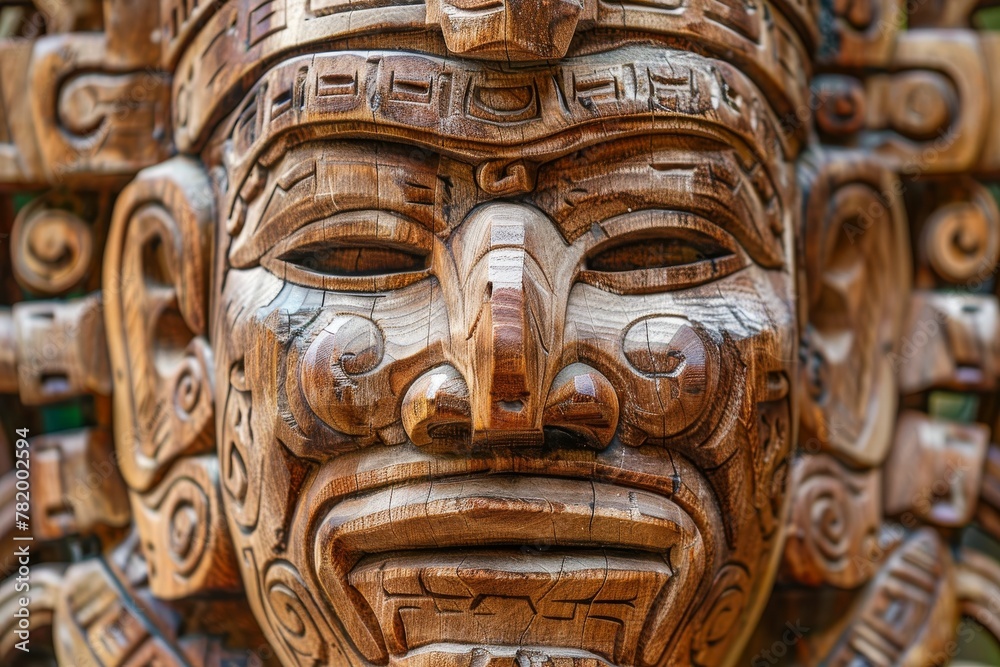 Fototapeta premium Wooden Mayan Mask Isolated, Carved Mexican Tribe Mask, Wooden Masks of Maya on White