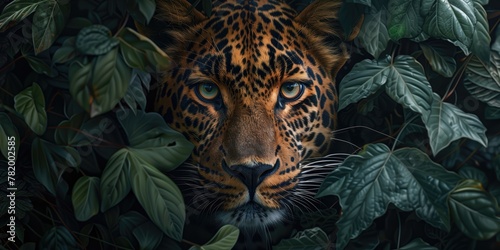 Jungle Leopard Peering Through Leaves with Piercing Eyes