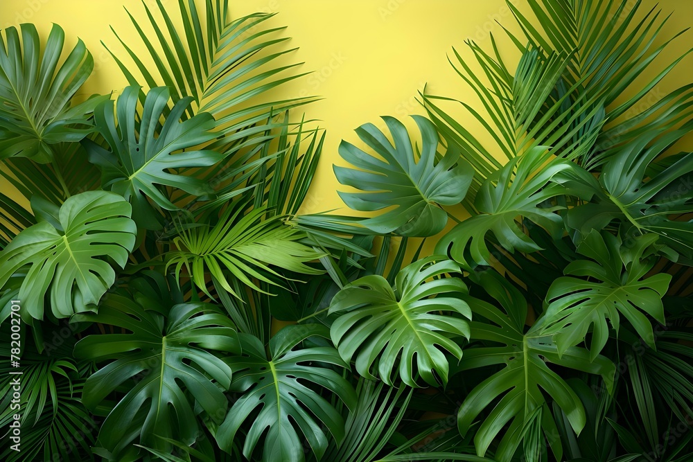 Vibrant Green Ferns and Tropical Leaves on Yellow. Concept Greenery, Tropical, Nature, Vibrant, Yellow Vibrant Green Ferns and Tropical Leaves on Yellow. Concept Greenery, Tropical, Nature, Vibrant, Yellow