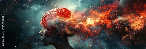 Mind Explosion, Mega Energy Brain, Angry Concept, Creative Blowing, Headache photo