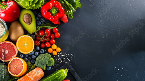colorful assortment of fruits and vegetables on a black background. Concept of freshness and health, as well as the abundance of nature's bounty. header for theory, practice in personalized Nutrition
