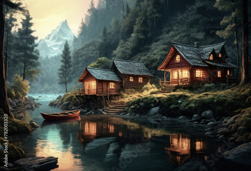 Beautiful nature: realistic art painting landscape background sunlight rural nature atmosphere with rivers, houses and small boats