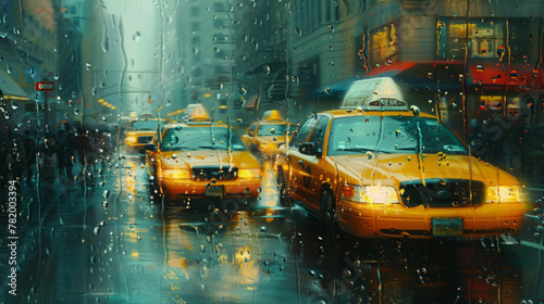 Taxis on raining street scene seen through a wet window with droplets photo