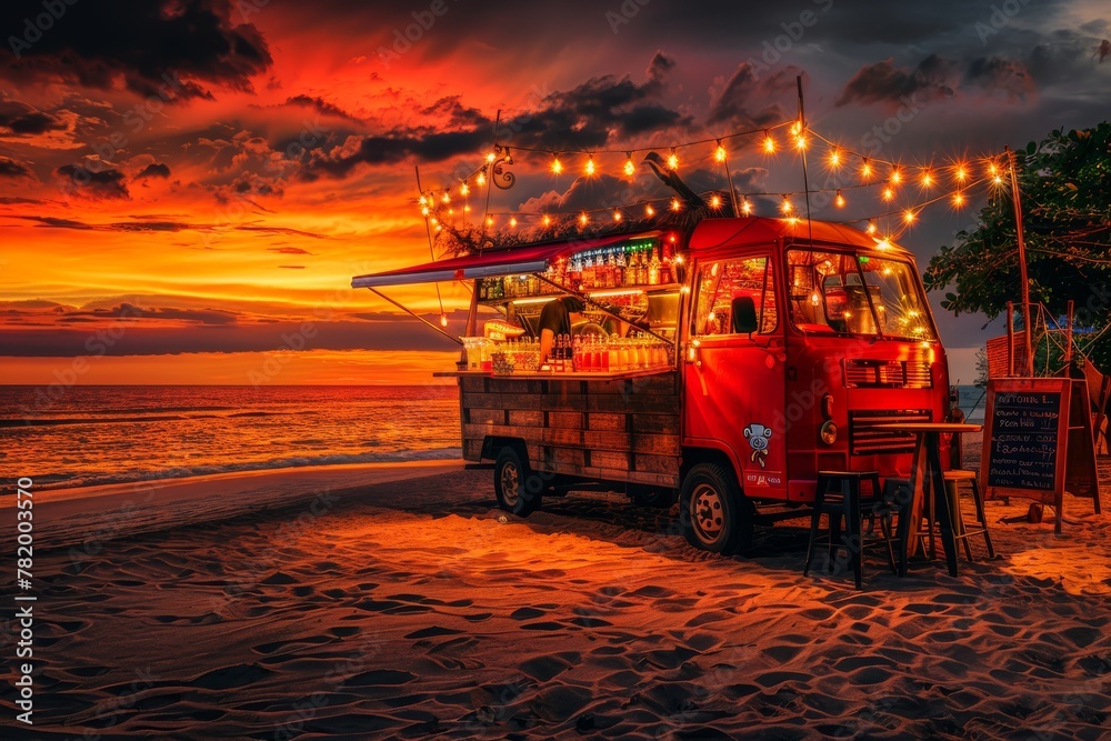 Fototapeta premium Open Festive Food Truck on Beach, Beach Party Night bar with Light Bulbs on Sunset Background
