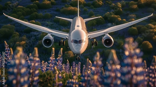 Front view of an airplane descending over a field of lupine flowers at dusk with landing gear deployed