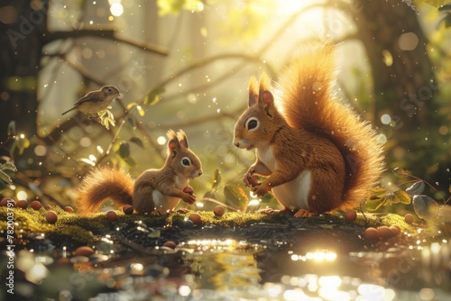 mother and child squirrel gathering acorns in a sun-dappled forest, with animated birds chirping in the trees and the gentle babble of a nearby stream photo