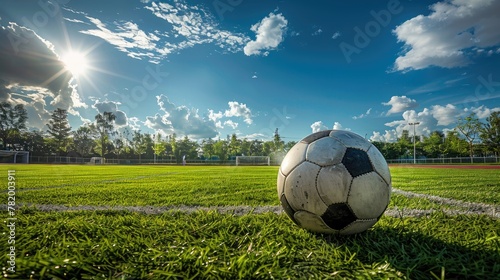 A soccer ball is sitting on a field with a bright blue sky in the background. The field is lush and green  and there are trees in the distance