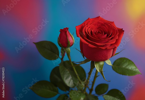 Beautiful red rose on colorful background