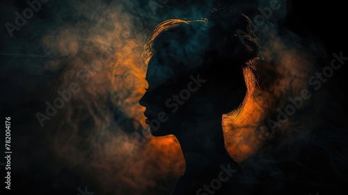 Woman silhouetted against smoke cloud photo