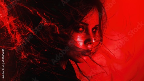 Close up portrait of a woman against red background