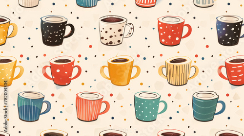 Varies of colorful retro style coffee mug cups, seamless pattern background wallpaper, gift packing paper