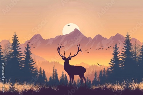Majestic deer silhouette in forest mountains landscape, camping adventure scenery, vector illustration © furyon