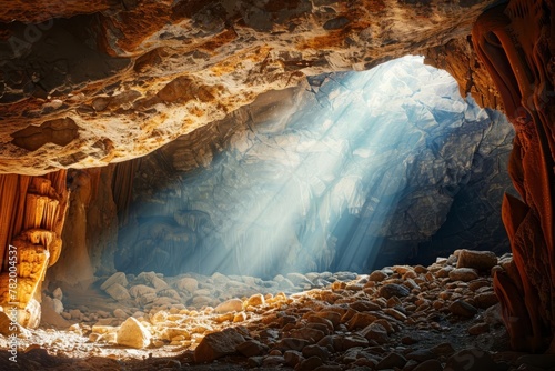 Mysterious empty cave entrance with sunlight streaming in, adventure and exploration concept photo