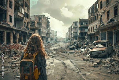 Post-apocalyptic city street with destroyed buildings, featuring a teenage girl survivor in awe of the devastation photo
