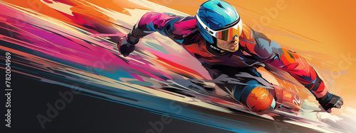 The powerful stride of a speed skater, muscles tensed, skating at high velocity, isolated on a speed demon background, emphasizing the athleticism and competitive spirit of speed skating photo