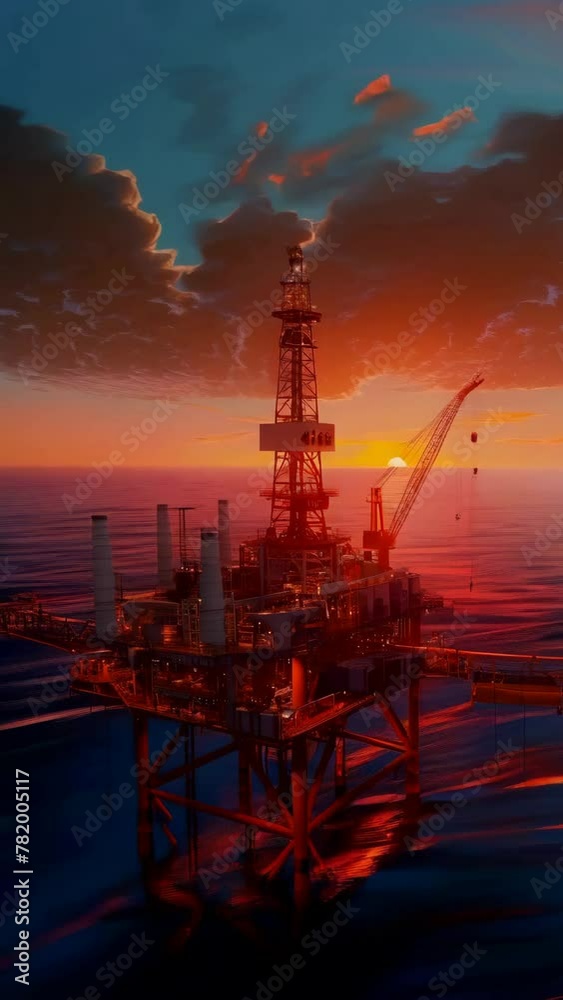 A large oil rig is floating in the ocean with a beautiful sunset in the background. A large oil rig is floating in the ocean with a beautiful sunset in the background.