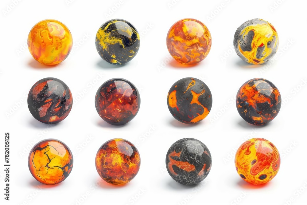 Set of hot lava planets or balls isolated on white background, abstract space objects Set of hot lava planets or balls isolated on white background, abstract space objects