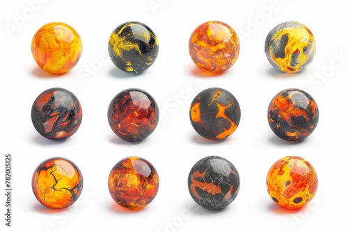 Set of hot lava planets or balls isolated on white background, abstract space objects