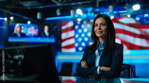 Television Reporter Poised for Election Coverage, A focused female reporter stands with crossed arms in a television studio, prepared for an intense night of election coverage.