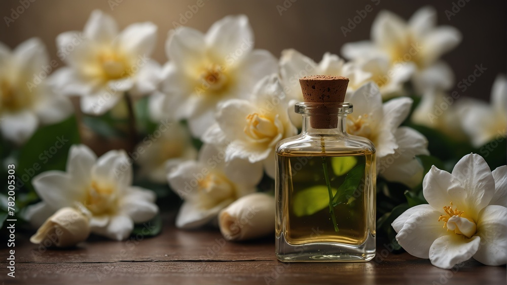 gardenia flower background with aroma therapy massage essential oil bottle from Generative AI